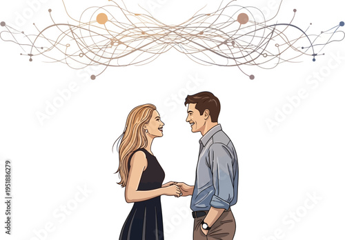 Business partners shake hands underneath abstract network graphic.