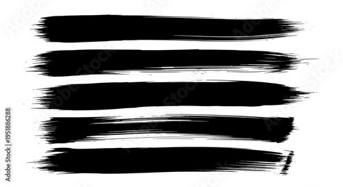 Set of Five Black Brush Strokes on White Background.