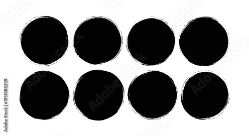 Set of eight black hand-drawn grunge circles with rough edges.