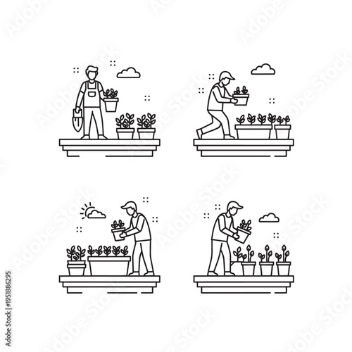 Line art illustrations depicting various gardening activities, including planting, tending to potted plants, and cultivating a home garden.