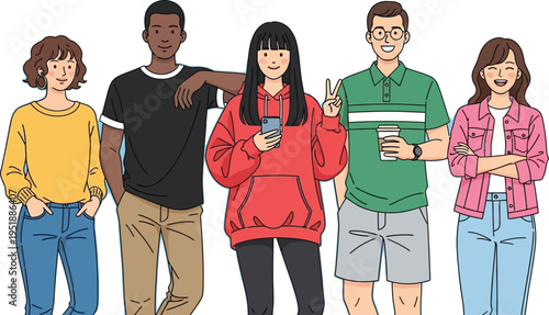 Group of young adults stands together casually displaying modern.