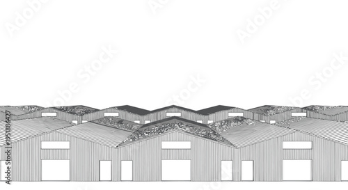 Set of 3 gray warehouse buildings vector
