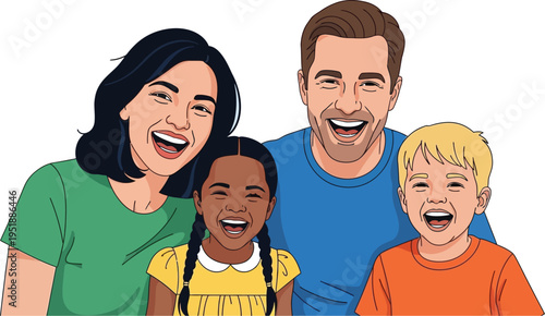 Diverse family group expresses genuine joy with bright, wide-open laughter.