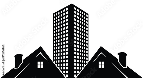 Set of 3 black and white vector house and skyscraper silhouettes