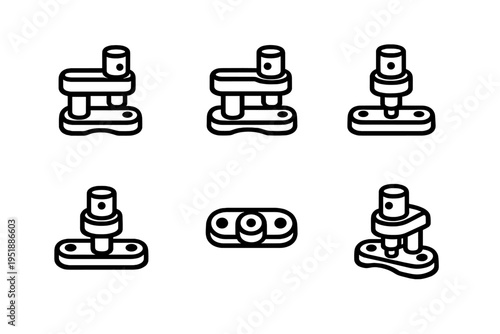 Set of six black and white line icons representing a mechanical