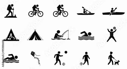 Collection of Various Activity Symbols Hiking Biking Kayaking Camping Fishing Swimming Kite Flying Playing Ball Walking Providing a Diverse Range of Outdoor and Recreational Pursuits