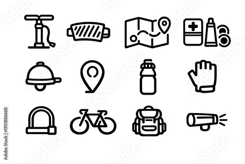 A collection of twelve minimalist black line icons representing