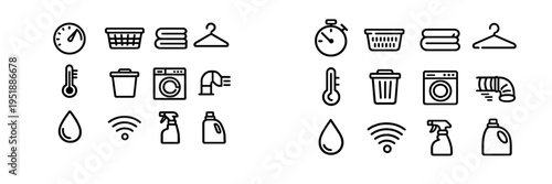 This collection of minimalist black line icons features laundry and