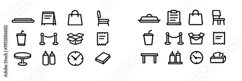 A collection of minimalist black line icons for restaurant and food