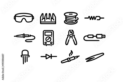 A set of twelve black line icons representing electronics tools and