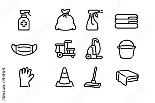 A collection of twelve minimalist black line icons representing