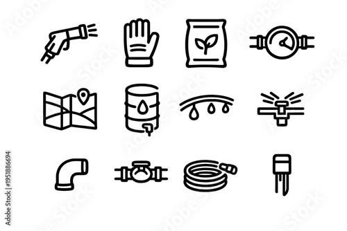 A comprehensive set of twelve minimalist line icons depicting