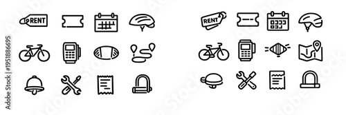 Set of minimalist black line icons representing bicycle rental