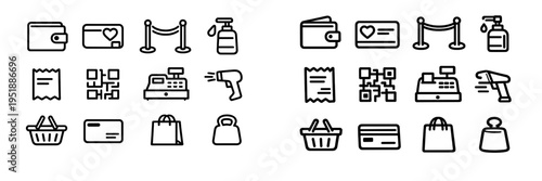 A collection of black and white retail and shopping line icons