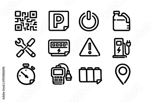 A collection of twelve minimalist black line icons related to
