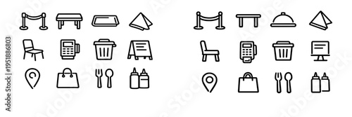 A collection of minimalist black line icons representing restaurant