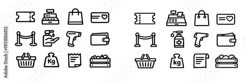 A collection of retail and shopping line icons featuring a cash