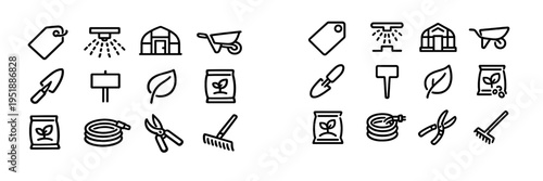 A collection of minimalist black line icons for gardening and
