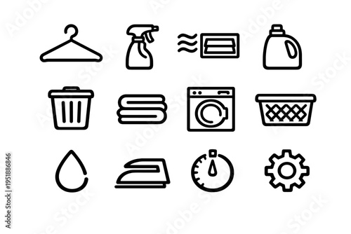 A set of twelve minimalist laundry and cleaning line icons including