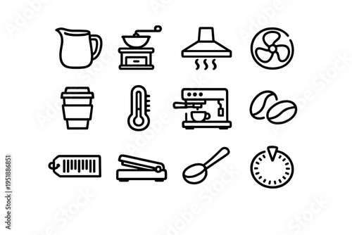 A set of twelve minimalist line icons depicting various