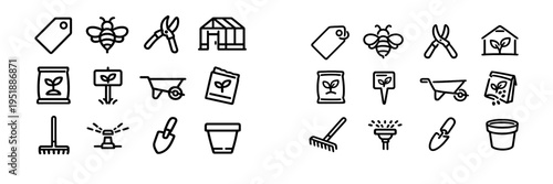 A collection of minimalist black line icons related to gardening and
