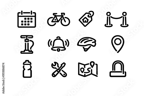 A collection of twelve minimalist black line icons related to