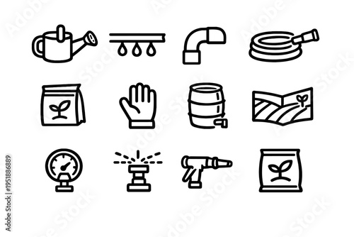 A set of twelve black line icons related to gardening and irrigation