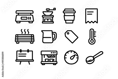 A set of twelve minimalist black line icons representing coffee shop