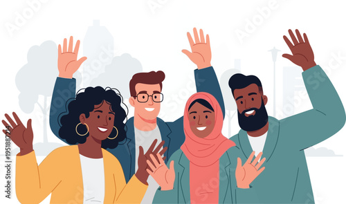 Group of four diverse young adults wave hands enthusiastically against a.
