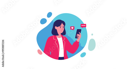 Vector illustration of woman using smartphone with social media icons