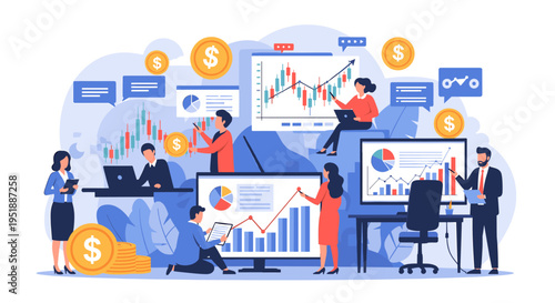 A confident businesswoman studies data on a tablet, standing near a large coin. Perfect for illustrating financial analysis, growth, or strategic plan