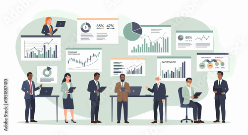 A modern, vector illustration showcasing a confident businessman presenting, perfect for marketing materials, business reports, and website content co