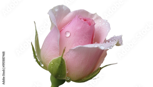 Tableau sur toile Delicate pink rosebud with glistening water droplets, fresh and vibrant, isolate