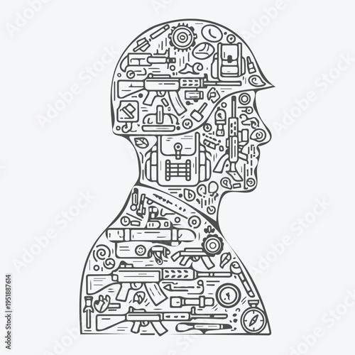 Military Soldier Head Silhouette Made of Weapon and Army Equipment Icons – Tactical Warfare Line Art Illustration