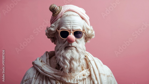 Statue of a bearded god wearing sunglasses and a pink hat against a pink background during a playful art display