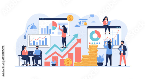 A modern, flat vector illustration portrays a focused woman working diligently at her desk, conveying productivity and a dedicated work ethic for busi