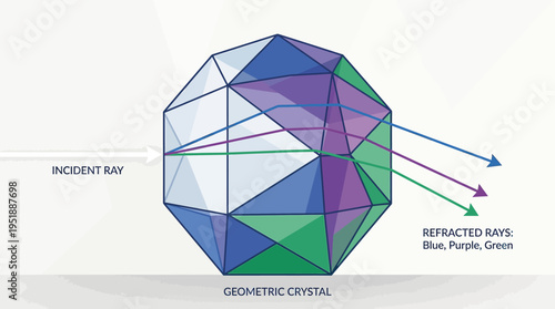 Detailed scientific diagram illustrating incident light ray refraction through a complex geometric crystal structure