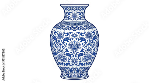 Exquisite blue and white porcelain vase featuring intricate floral and geometric patterns meticulously designed