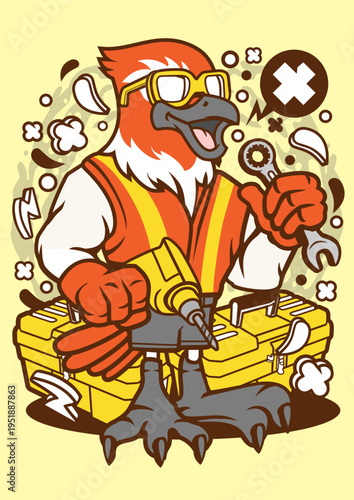 Construction worker bird with drill and tool box with safety vest