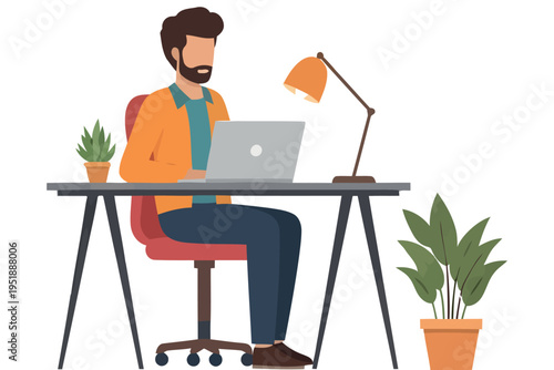 A man working on a laptop at a desk with a lamp and plants