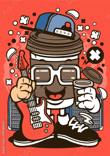 Happy coffee cup character dressed as a rockstar with guitar and cap