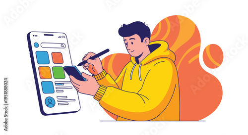 Vector illustration of a man using a smartphone and stylus