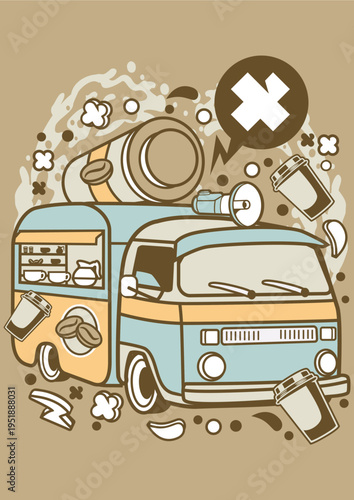Retro coffee van serving drinks with beans and cups with food truck