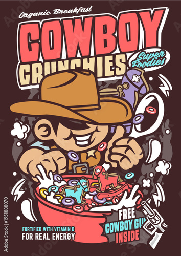 Cow eating cereal, cowboy hat, crunchies box, vintage style