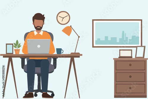 A man working on a laptop at a desk in a home office setup