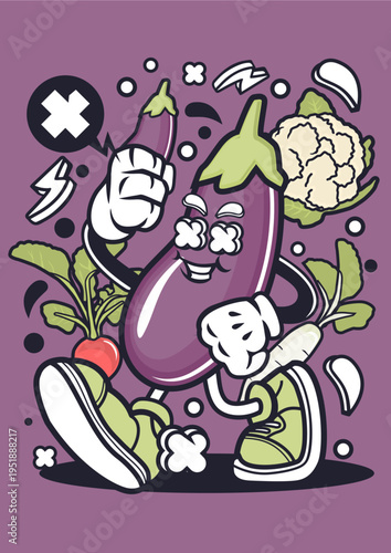 Dancing eggplant and cauliflower cartoon characters
