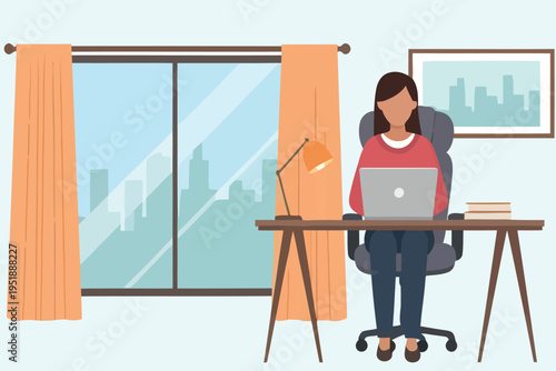 Woman working on a laptop at a desk by a large window