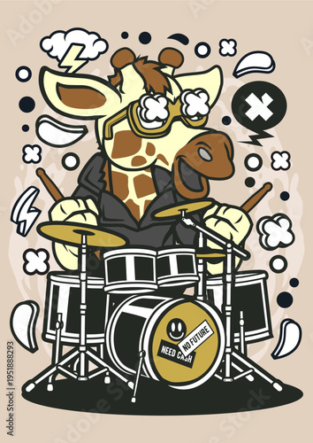 Cartoon giraffe musician playing drums with sunglasses and sticks