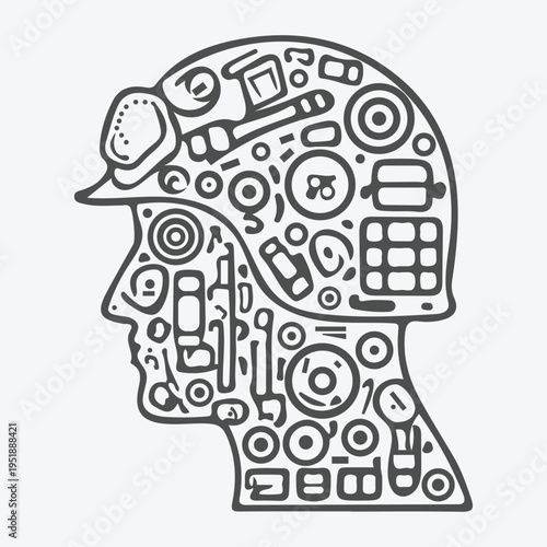 Military Soldier Head Silhouette Made of Weapon and Army Equipment Icons – Tactical Warfare Line Art Illustration