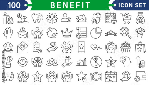 Benefit set of web icons in line style. Exclusive benefits linear icon collection. Containing reward, bonus, loyalty, star, winner, award, prize, incentive, reward and more. Editable stroke